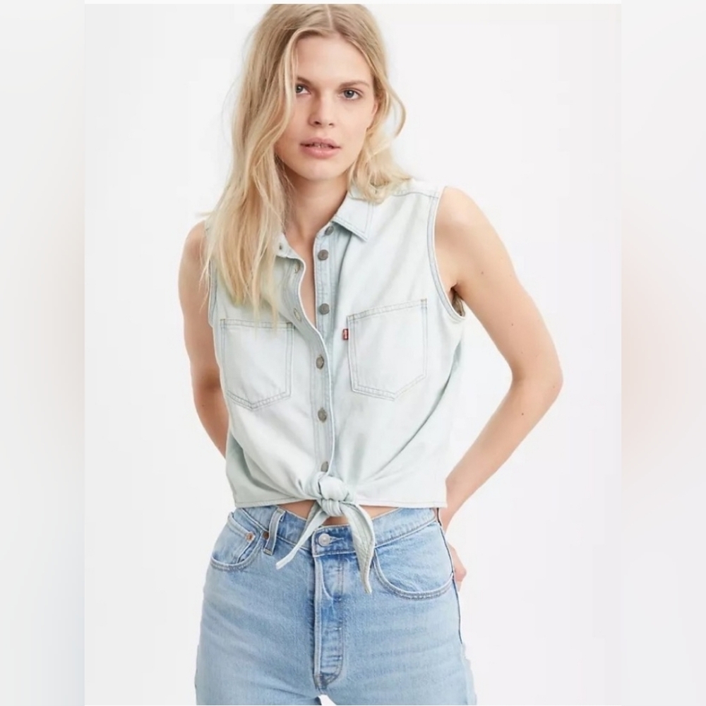 LEVI'S womens denim tie waist sleeveless button down top size Large